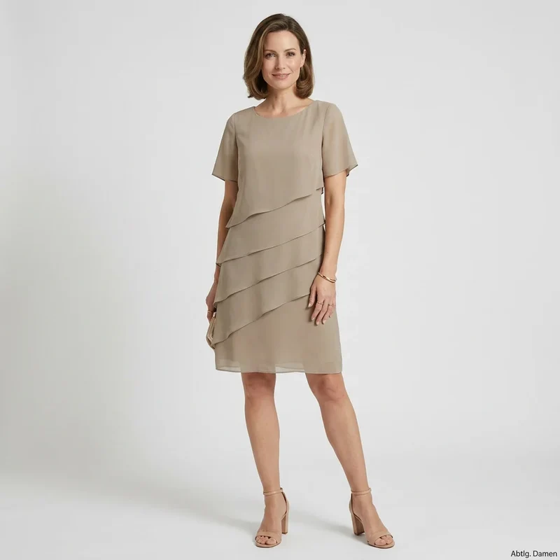 Knielanges Chiffonkleid mit Volantlagen und Kurzarm