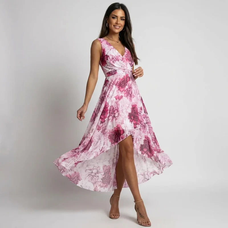Sommerkleid mit Blumenmuster und V-Ausschnitt in Vokuhila Länge