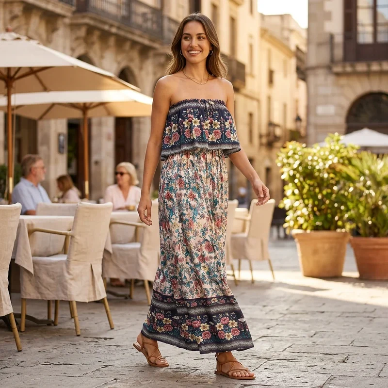 Bandeaukleid in langer Form mit Boho Muster