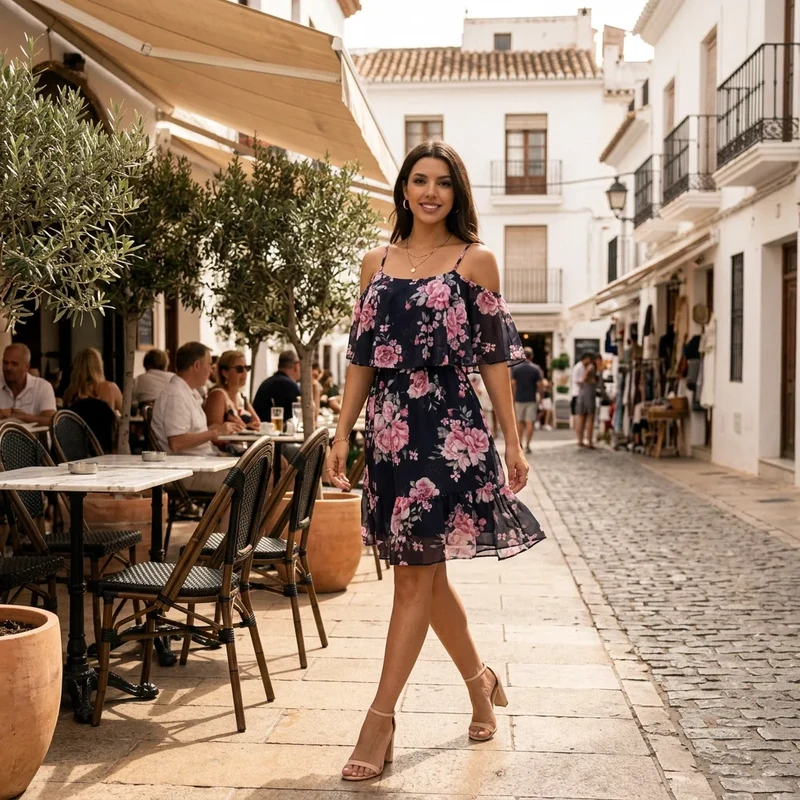Kurzes Sommerkleid in A-Linie mit Puffärmeln und Rüschen