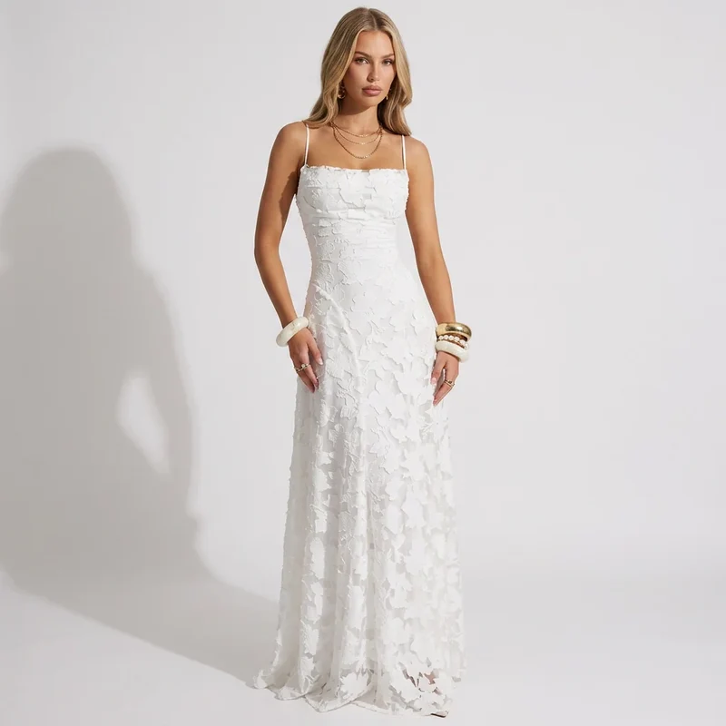 Maxikleid in A-Linie mit Spitze und Spaghettiträgern
