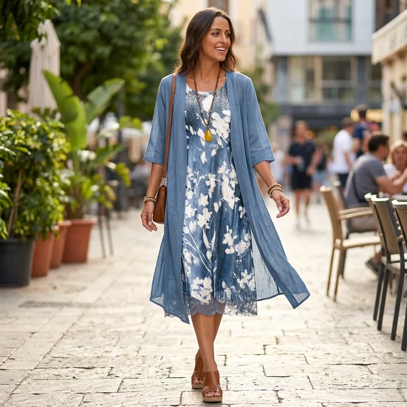 Chiffon Midi Sommerkleid mit Blumenmuster im Zweiteiler Stil