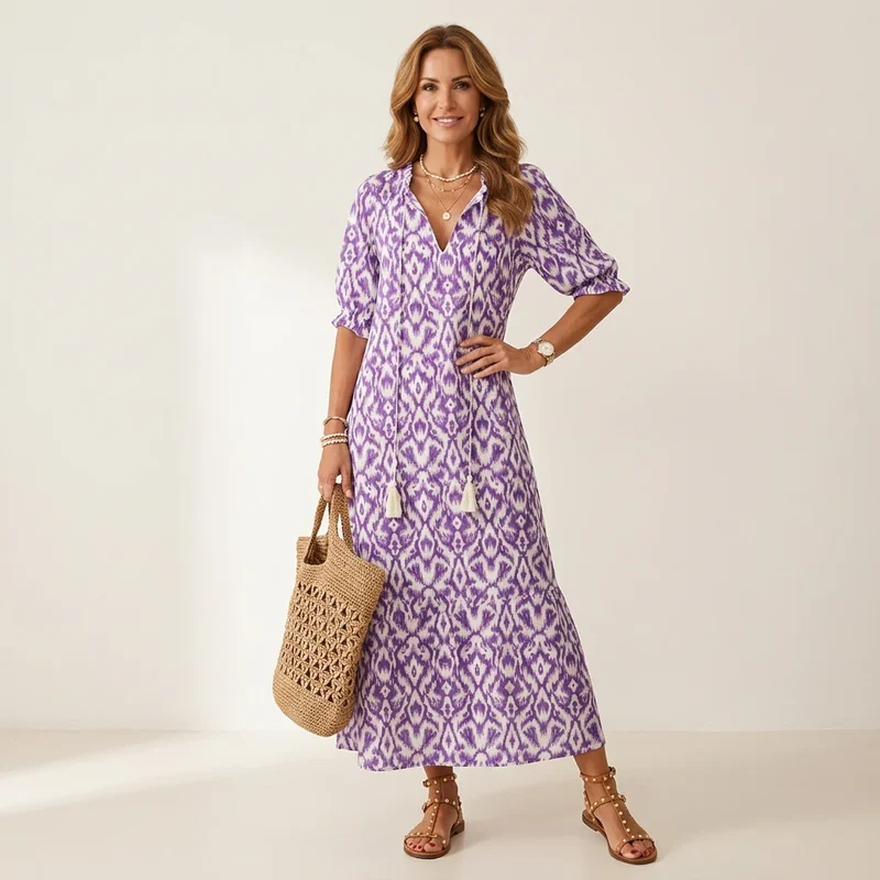Sommerkleid mit V-Ausschnitt und Halbarm im Paisley Muster