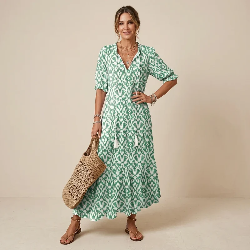 Sommerkleid mit V-Ausschnitt und Halbarm im Paisley Muster