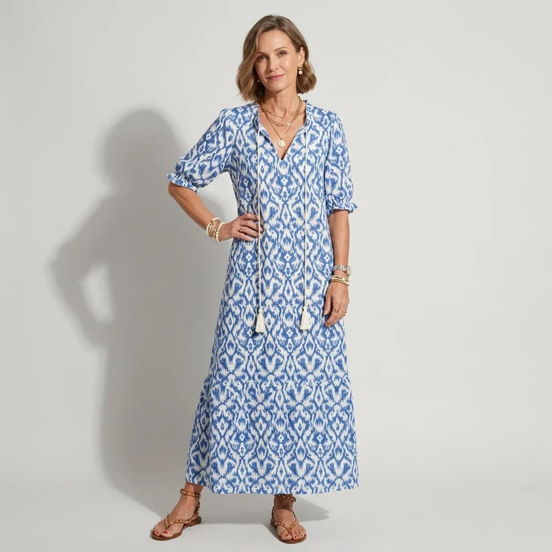 Sommerkleid mit V-Ausschnitt und Halbarm im Paisley Muster