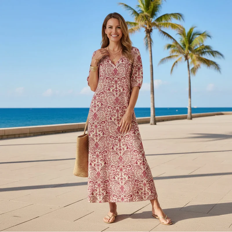 Sommerkleid mit V-Ausschnitt und Halbarm im Paisley Muster