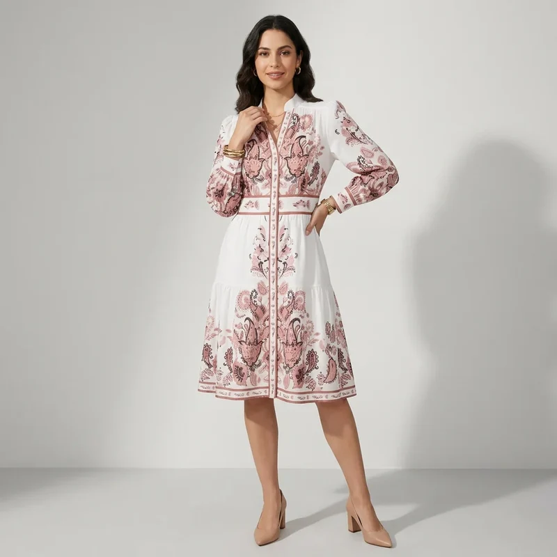 Midikleid in A-Linie mit Langarm und Paisley Muster im Stehkragen-Stil