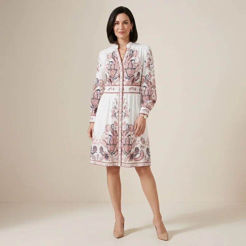 Midikleid in A-Linie mit Langarm und Paisley Muster im Stehkragen-Stil