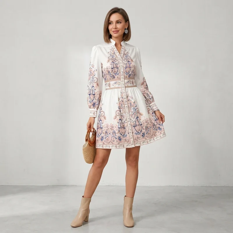 Midikleid in A-Linie mit Langarm und Paisley Muster im Stehkragen-Stil