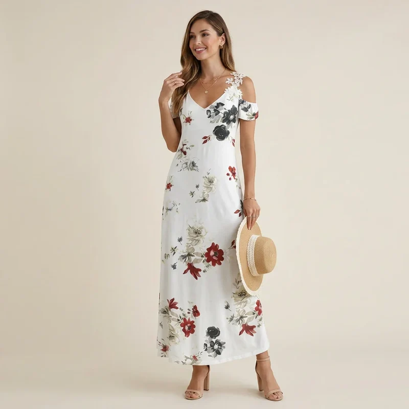 Maxi Sommerkleid mit Muster und Spitzen Detail