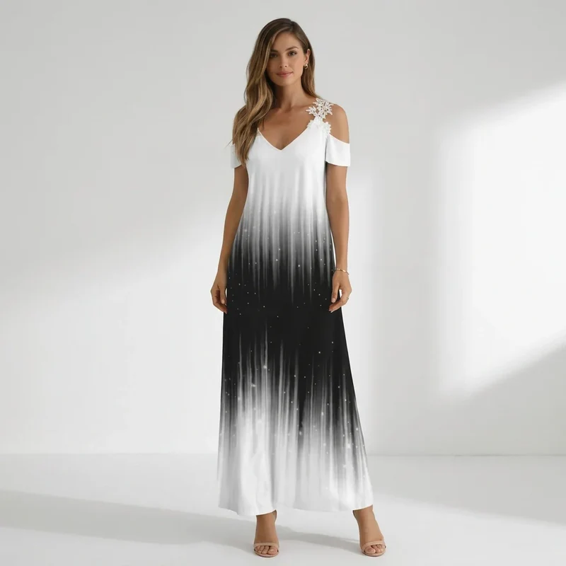 Maxi Sommerkleid mit Muster und Spitzen Detail