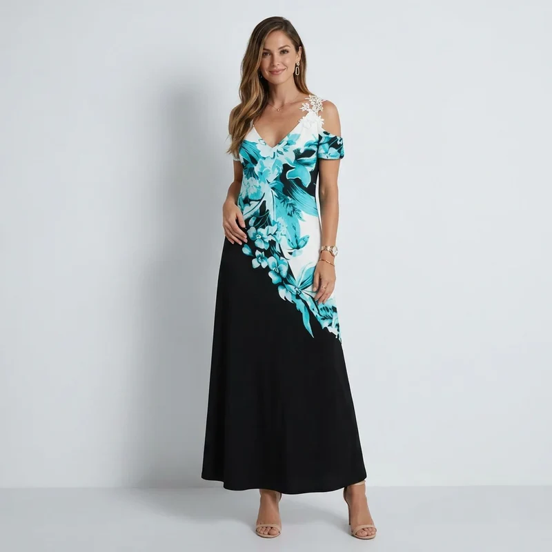 Maxi Sommerkleid mit Muster und Spitzen Detail