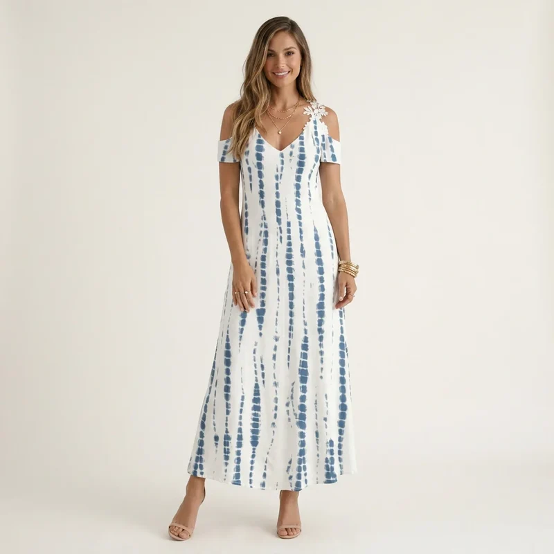 Maxi Sommerkleid mit Muster und Spitzen Detail