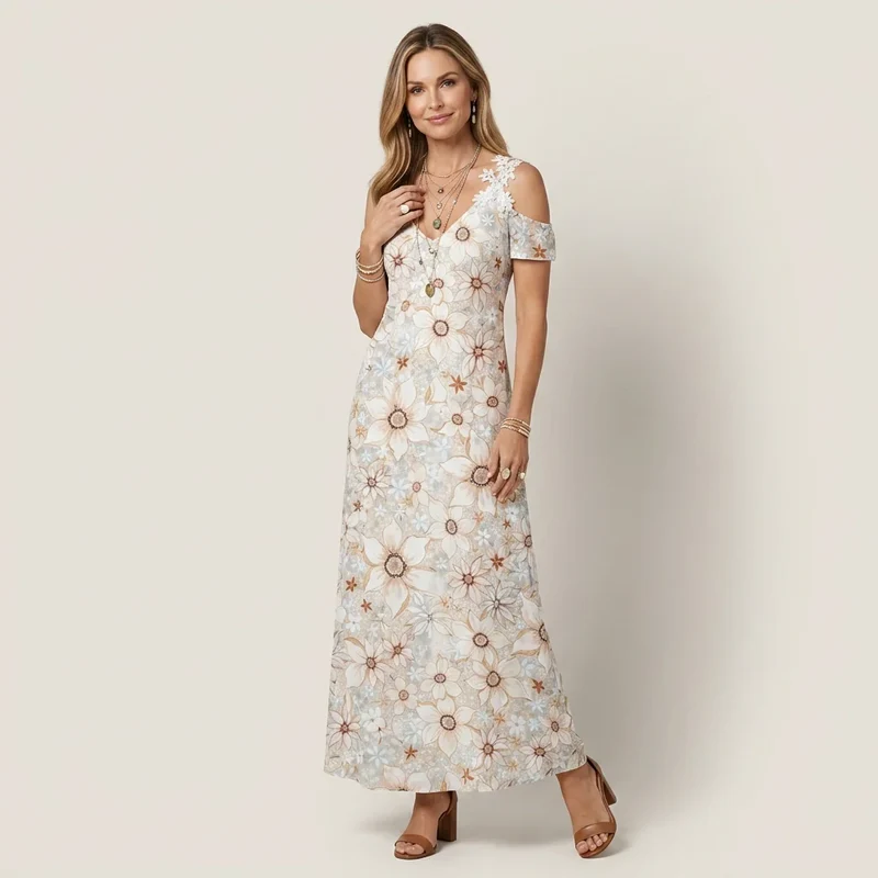 Maxi Sommerkleid mit Muster und Spitzen Detail