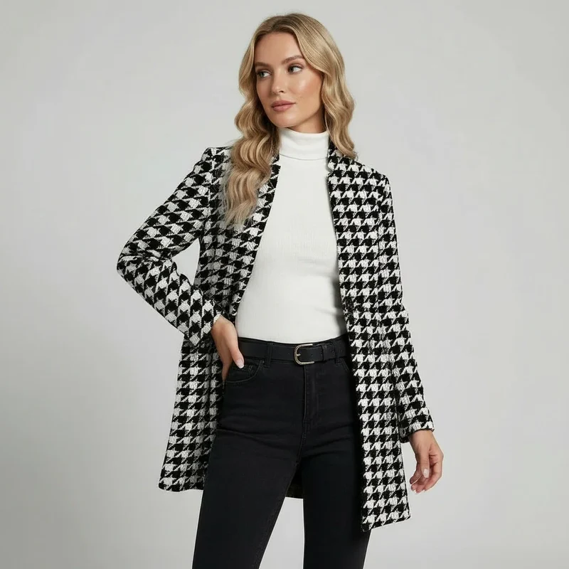 Figurbetonter Long Blazer für Damen mit Stehkragen im Mantel Stil