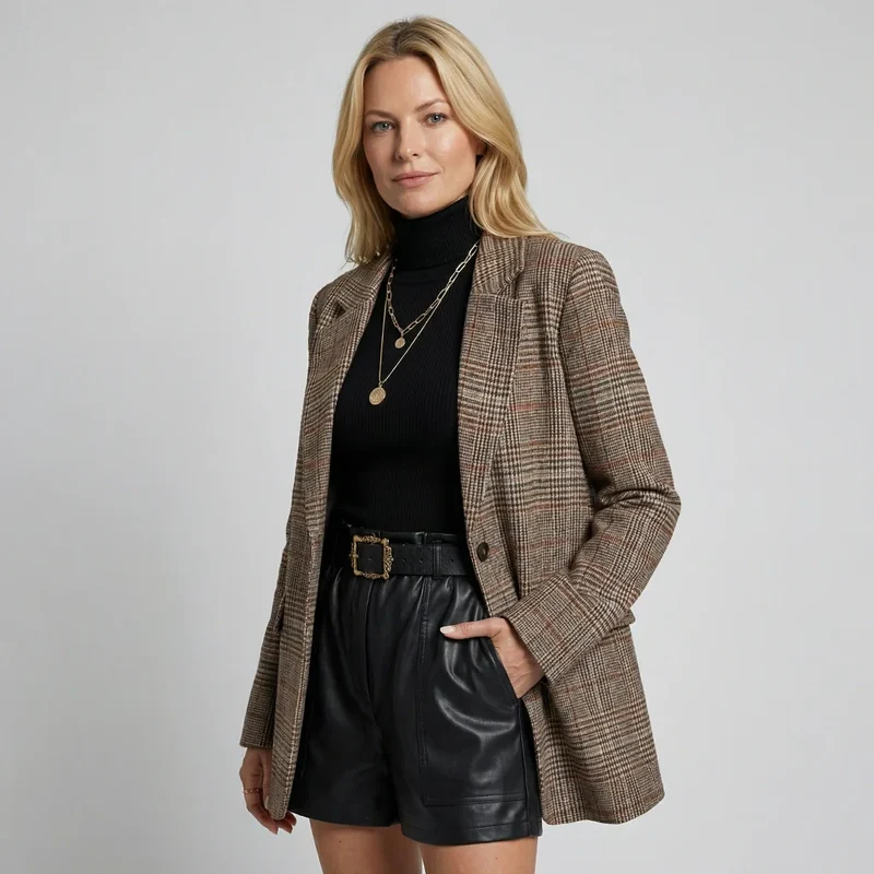 Karierter Blazer für Damen im geraden Longline-Schnitt mit Reverskragen