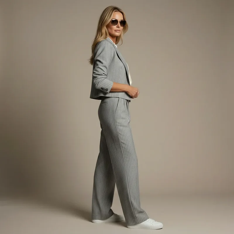 Hosenanzug für Damen als Zweiteiler mit Nadelstreifen und kurzem Blazer mit gerader Hose