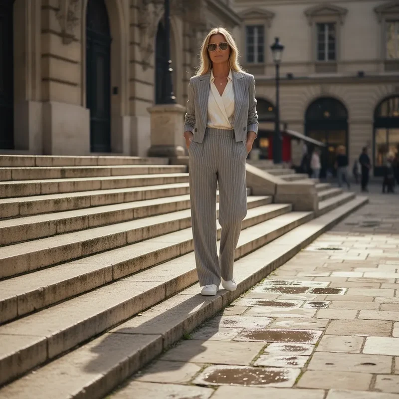 Hosenanzug für Damen als Zweiteiler mit Nadelstreifen und kurzem Blazer mit gerader Hose