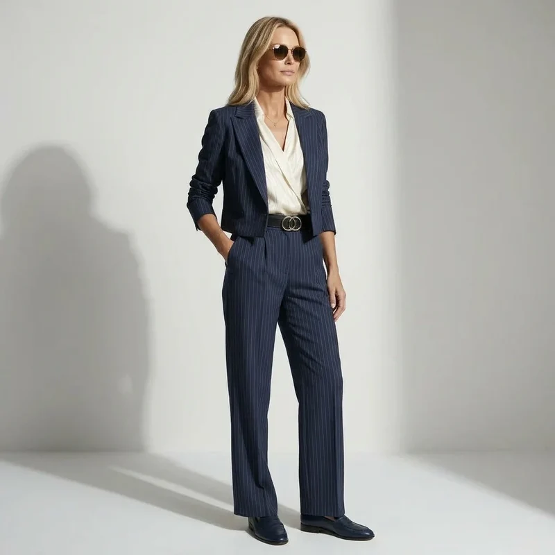 Hosenanzug für Damen als Zweiteiler mit Nadelstreifen und kurzem Blazer mit gerader Hose