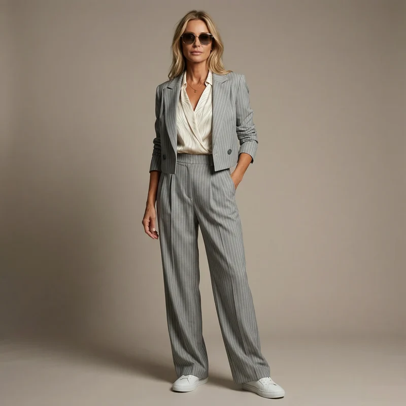 Hosenanzug für Damen als Zweiteiler mit Nadelstreifen und kurzem Blazer mit gerader Hose