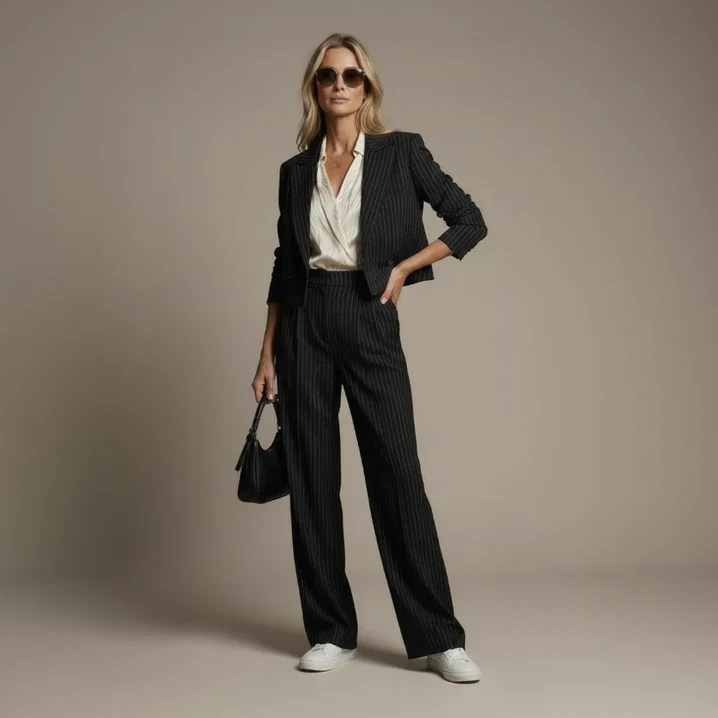 Hosenanzug für Damen als Zweiteiler mit Nadelstreifen und kurzem Blazer mit gerader Hose