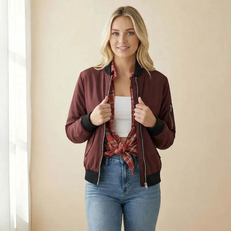 Bomberjacke für Damen im Classic Design in tailliertem kurzem Schnitt mit Reißverschluss