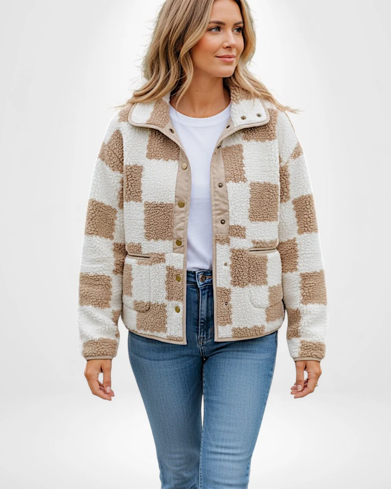 Kurze Fleece Jacke für Damen im Teddy-Look mit Stehkragen
