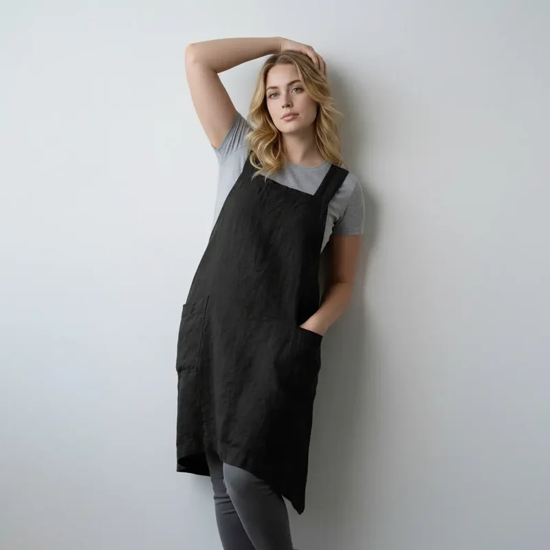 Schürzenkleid für Damen im geraden Schnitt mit Fronttaschen und gekreuzten Latzträgern am Rücken