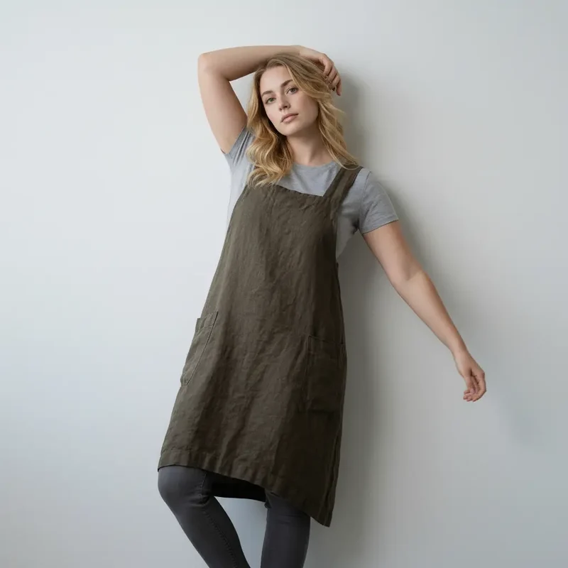 Schürzenkleid für Damen im geraden Schnitt mit Fronttaschen und gekreuzten Latzträgern am Rücken