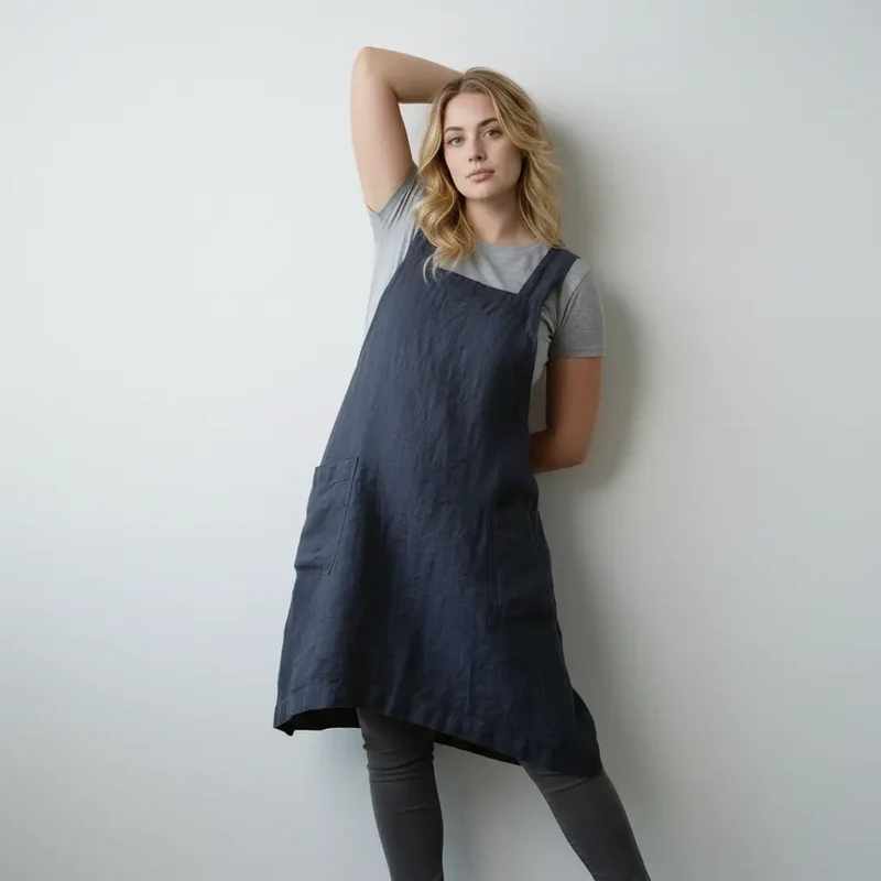 Schürzenkleid für Damen im geraden Schnitt mit Fronttaschen und gekreuzten Latzträgern am Rücken