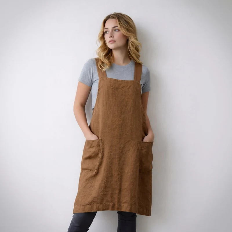 Schürzenkleid für Damen im geraden Schnitt mit Fronttaschen und gekreuzten Latzträgern am Rücken