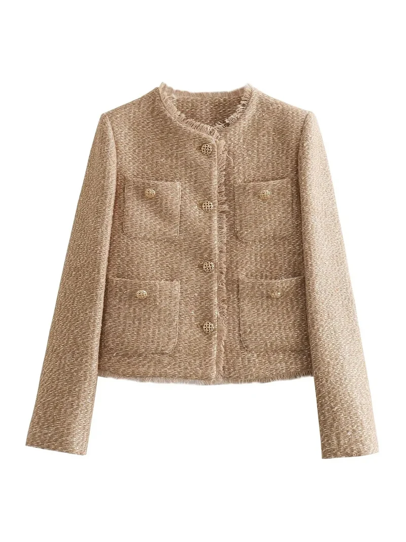 Tweed Jacke für Damen mit Rundhalsausschnitt und Taschen in Bouclé-Optik