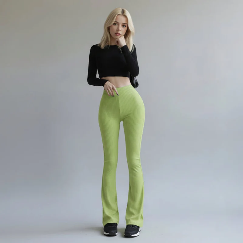 Damen Hose mit ausgestelltem Bein in gerippter Softstruktur und hoher Taille