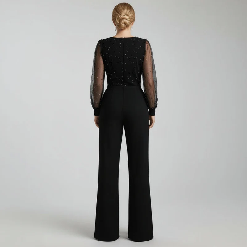 Jumpsuit für Damen mit V-Ausschnitt und langen Mesh-Ärmeln