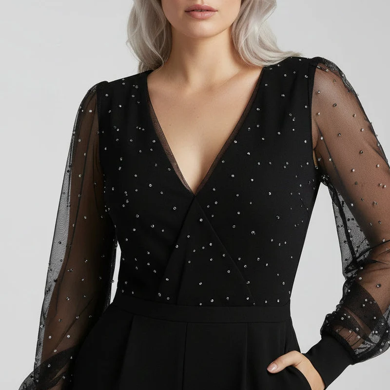 Jumpsuit für Damen mit V-Ausschnitt und langen Mesh-Ärmeln