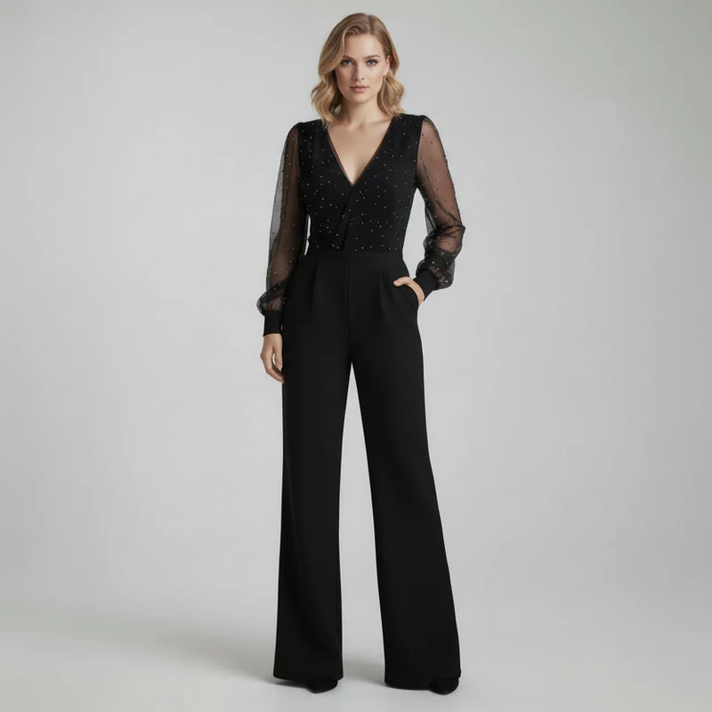 Jumpsuit für Damen mit V-Ausschnitt und langen Mesh-Ärmeln