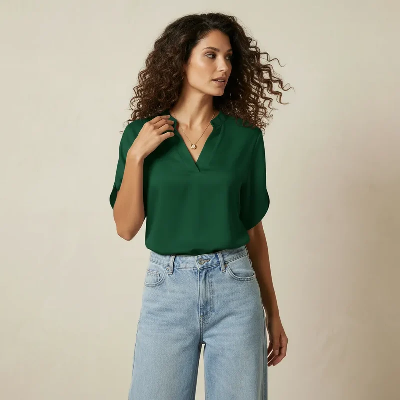 Kurzarm Bluse für Damen mit V-Ausschnitt und geradem Schnitt