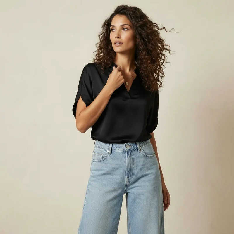 Kurzarm Bluse für Damen mit V-Ausschnitt und geradem Schnitt