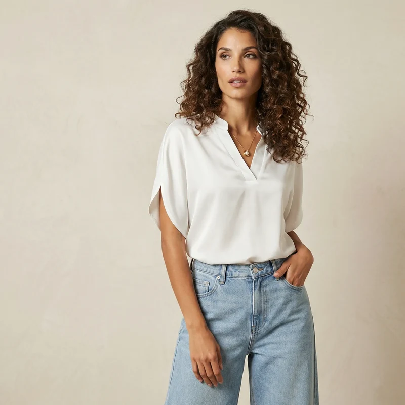 Kurzarm Bluse für Damen mit V-Ausschnitt und geradem Schnitt