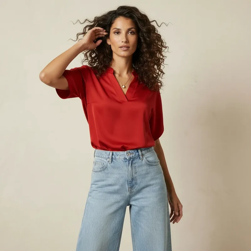 Kurzarm Bluse für Damen mit V-Ausschnitt und geradem Schnitt