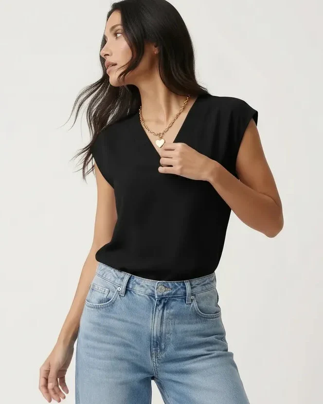 Blusentop für Damen mit V-Ausschnitt und kurzen Ärmeln in unifarbenem Design