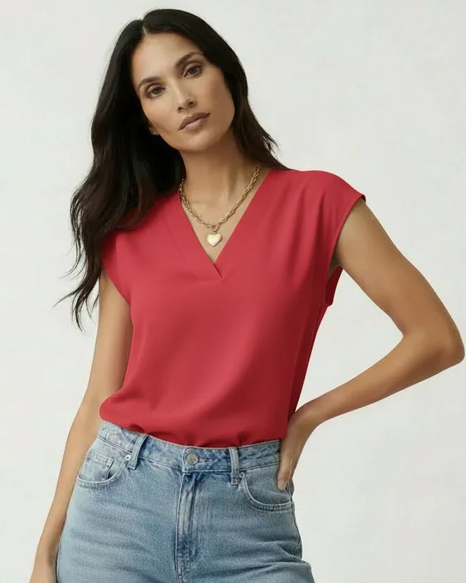 Blusentop für Damen mit V-Ausschnitt und kurzen Ärmeln in unifarbenem Design