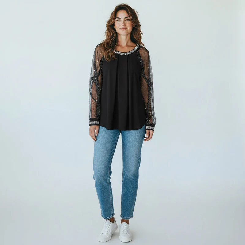 Langarm Top für Damen mit transparenten Meshärmeln und Pailletten