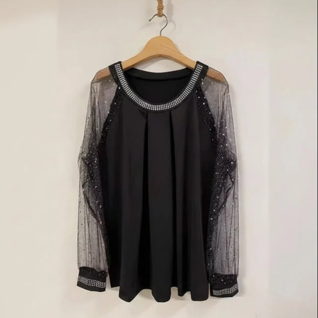 Langarm Top für Damen mit transparenten Meshärmeln und Pailletten