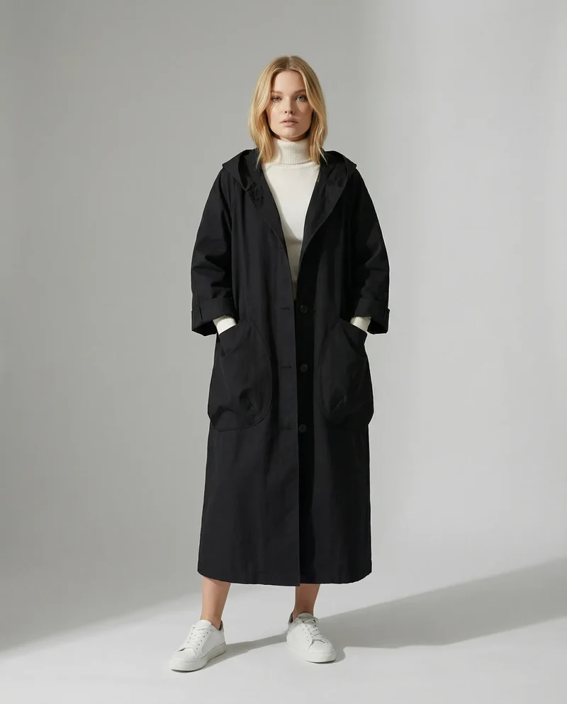 Langer Trenchcoat für Damen mit geradem Schnitt und großen Seitentaschen