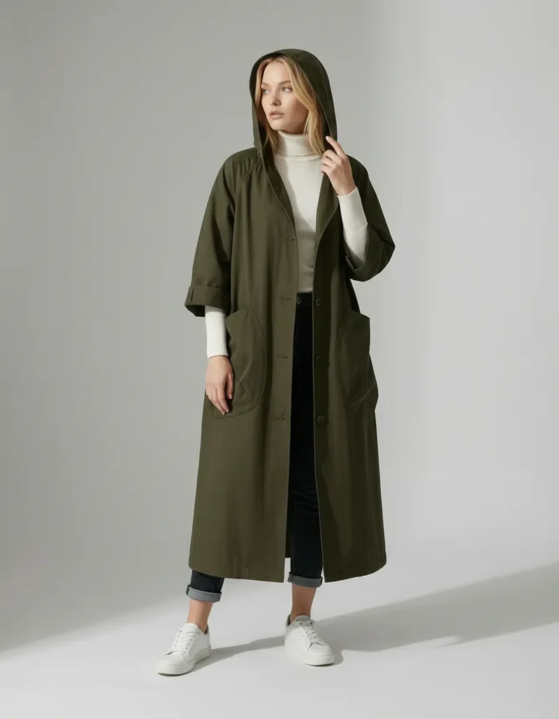 Langer Trenchcoat für Damen mit geradem Schnitt und großen Seitentaschen