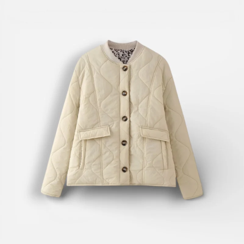 Leichte Steppjacke für Damen mit Leoparden-Details und ohne Kragen