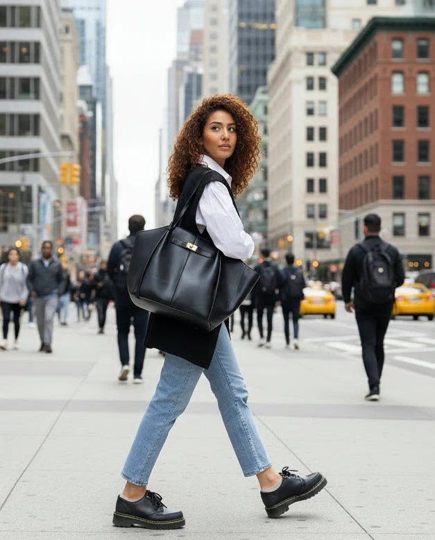 Große Damen Shopper Tasche mit Henkel und goldenem Drehverschluss