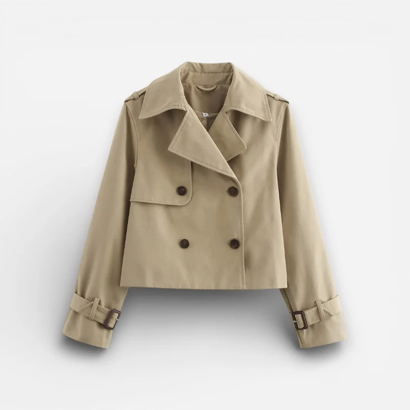 Kurze Trenchjacke für Damen mit doppelter Knopfleiste und Reverskragen