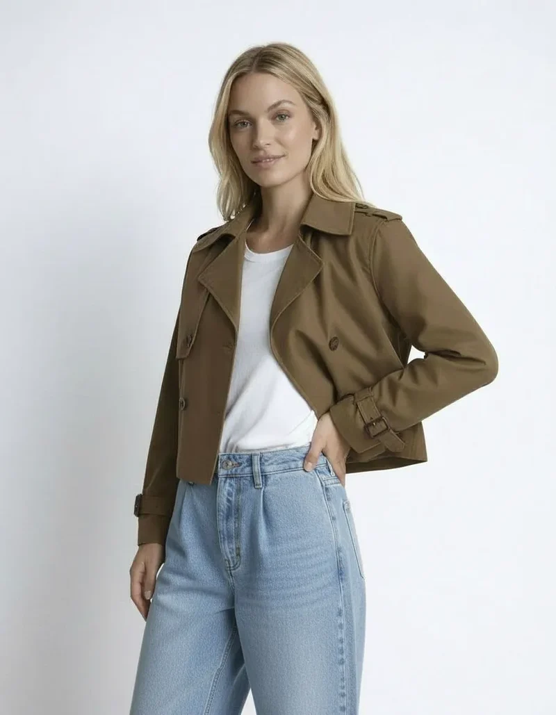 Kurze Trenchjacke für Damen mit doppelter Knopfleiste und Reverskragen